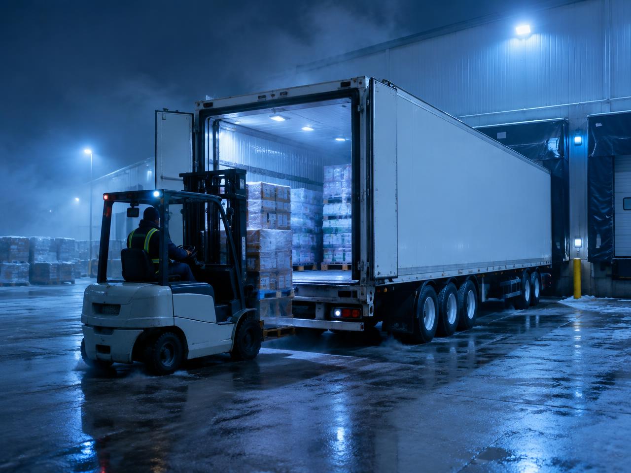 Refrigerated trailer being loaded at a cold storage facility