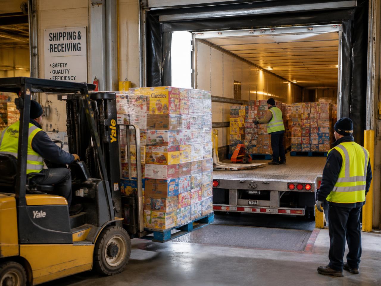 Workers loading pallets of goods onto a trailer at the loading dock