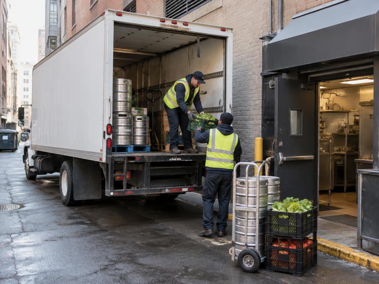 Box truck unloading kegs and produce crates at a restaurant back door