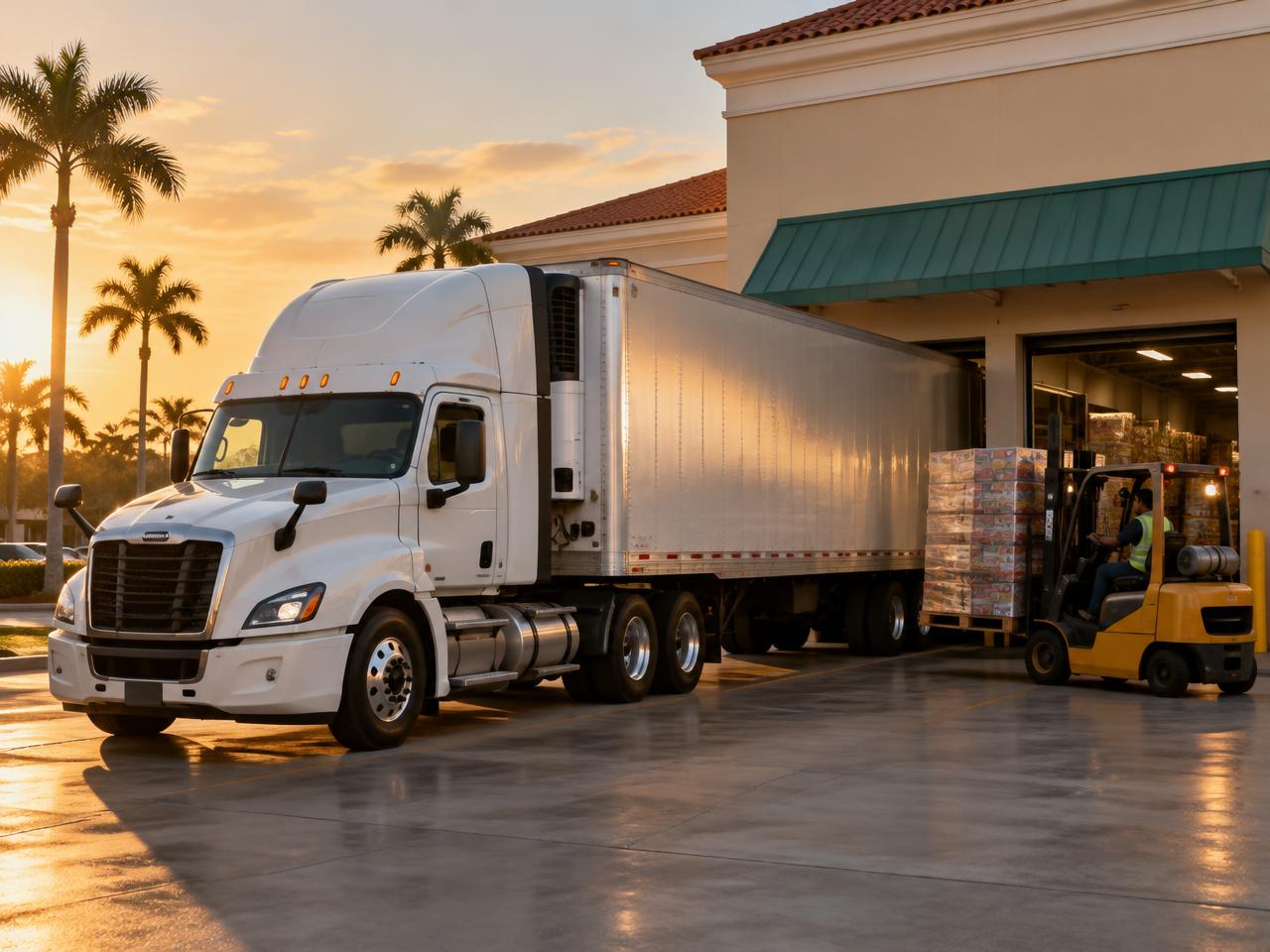 Refrigerated trailer being unloaded at a supermarket loading dock