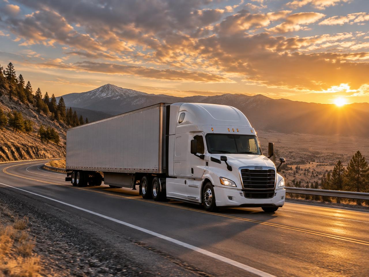 Semi-truck crossing a mountain pass highway at sunrise