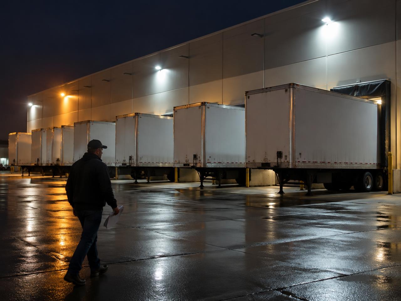 Distribution center at night with trailers docked at loading bays